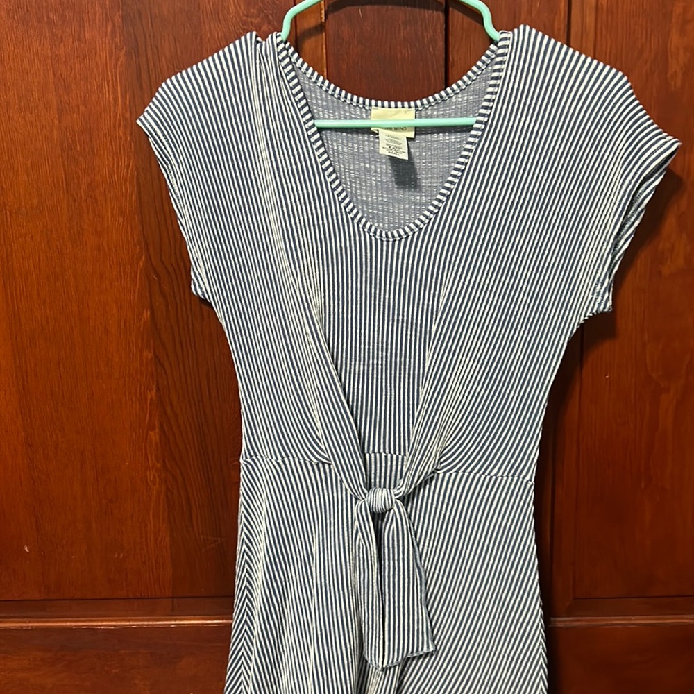 Blue and white striped dress with a tie in the front
